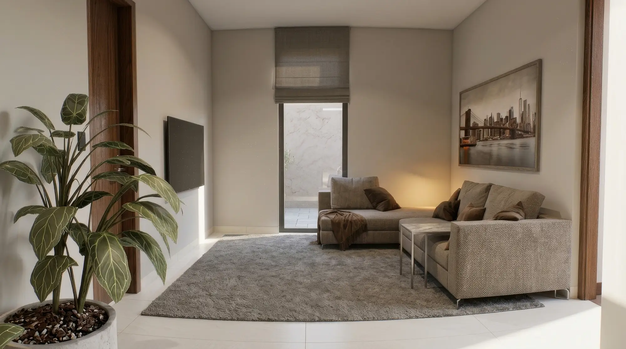 Residencia moderna con alberca iluminada al anochecer