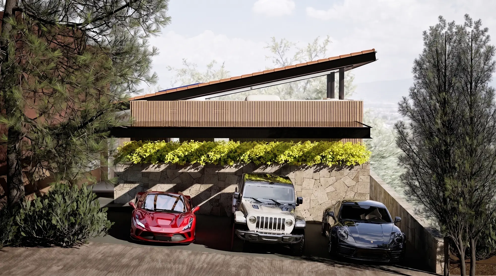 Casa contemporánea con fachada de concreto y jardín, estilo render arquitectónico